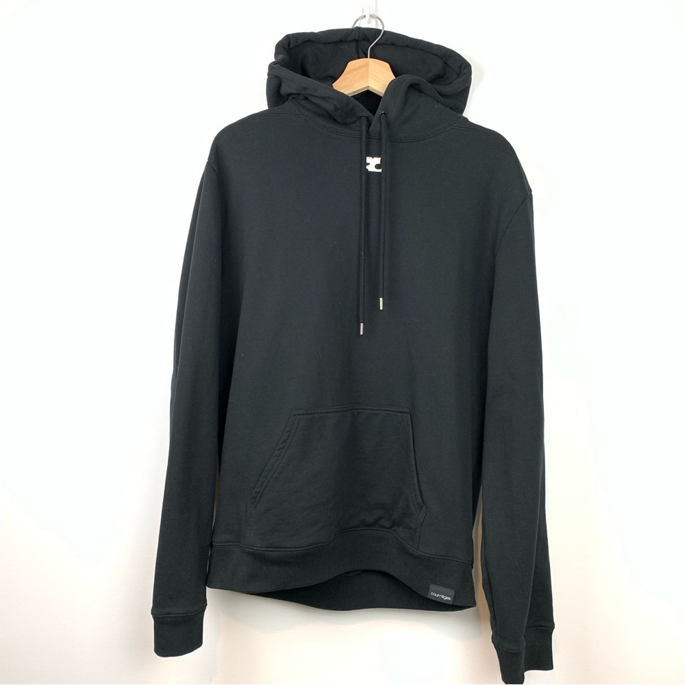 Courreges Paris Hoodie Sweater Black Sz XL Pocket Cotton Hood Quiet Luxury
